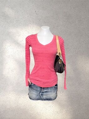 Early 2000s Energie Hot Pink Burnout Stripe V-Neck Long Sleeve Top